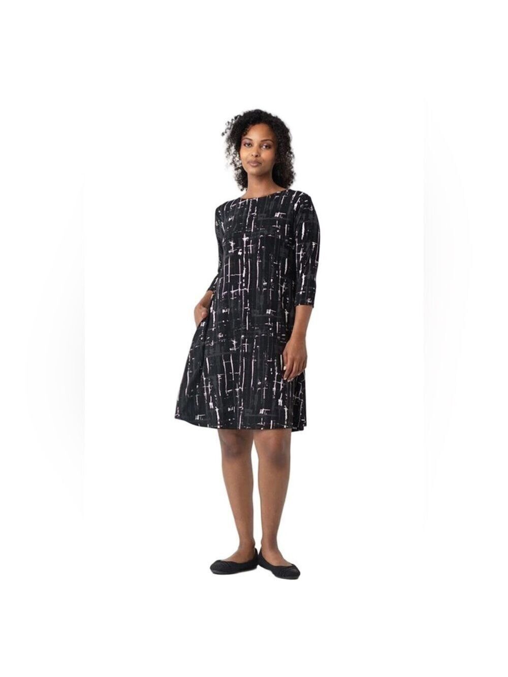 Sympli Trapeze Jersey Dress Women’s Sz 14 Pockets 3/4 Sleeve Blk/White/Grey